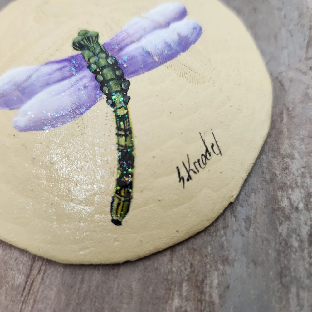 Beautiful Sand Dollar Dragonfly Hand Painted Hanging Ornament Christmas Gloss